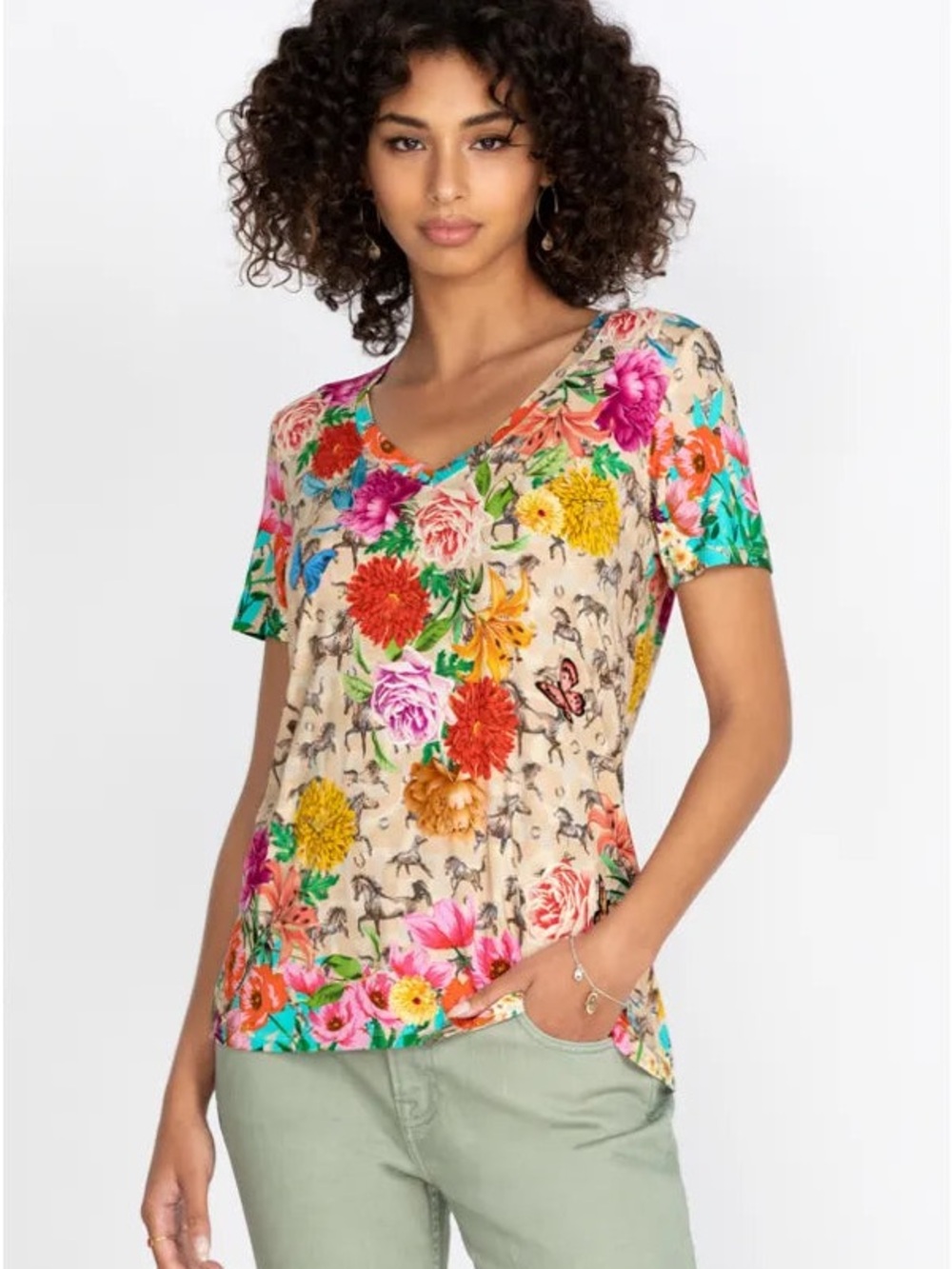 Johnny Was Floral V-Neck Short Sleeve Top in Beige and Multicolor - S